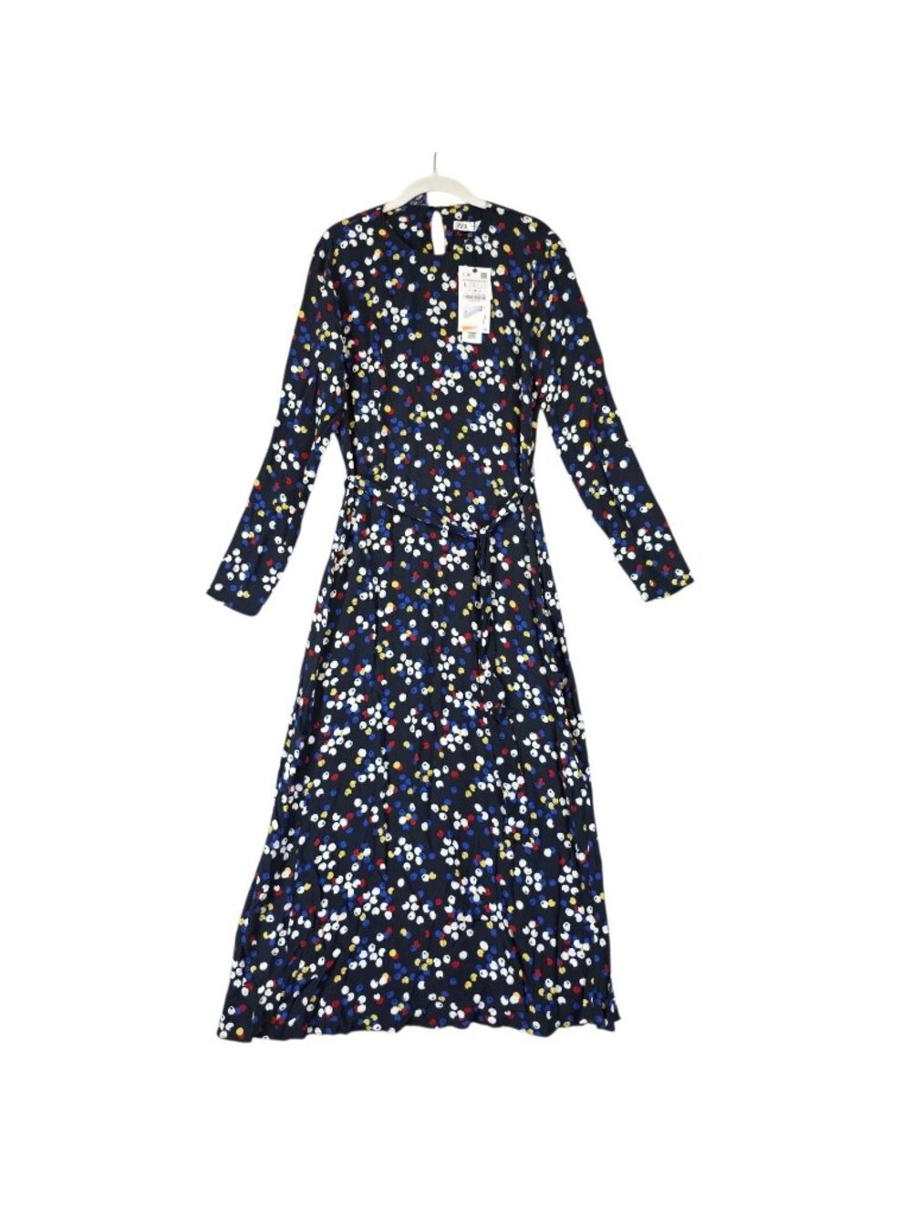 Zara Dress Womens L Multicolor Polka Dot Round Neck Long Sleeve Maxi Belted